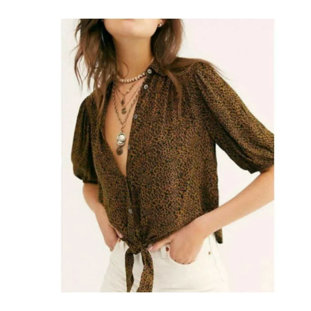 NWT Free People Celia Top Leopard Print Tie-Front Puff Sleeves Button Down XS